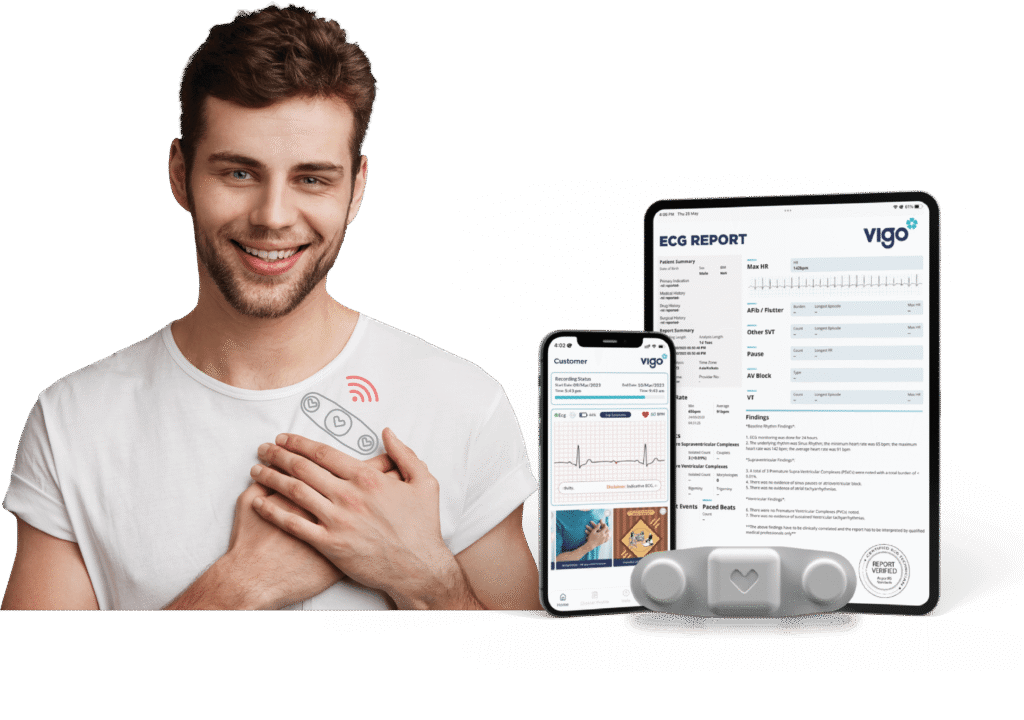 Man wearing Vigo heart monitor patch with ECG report and mobile app
